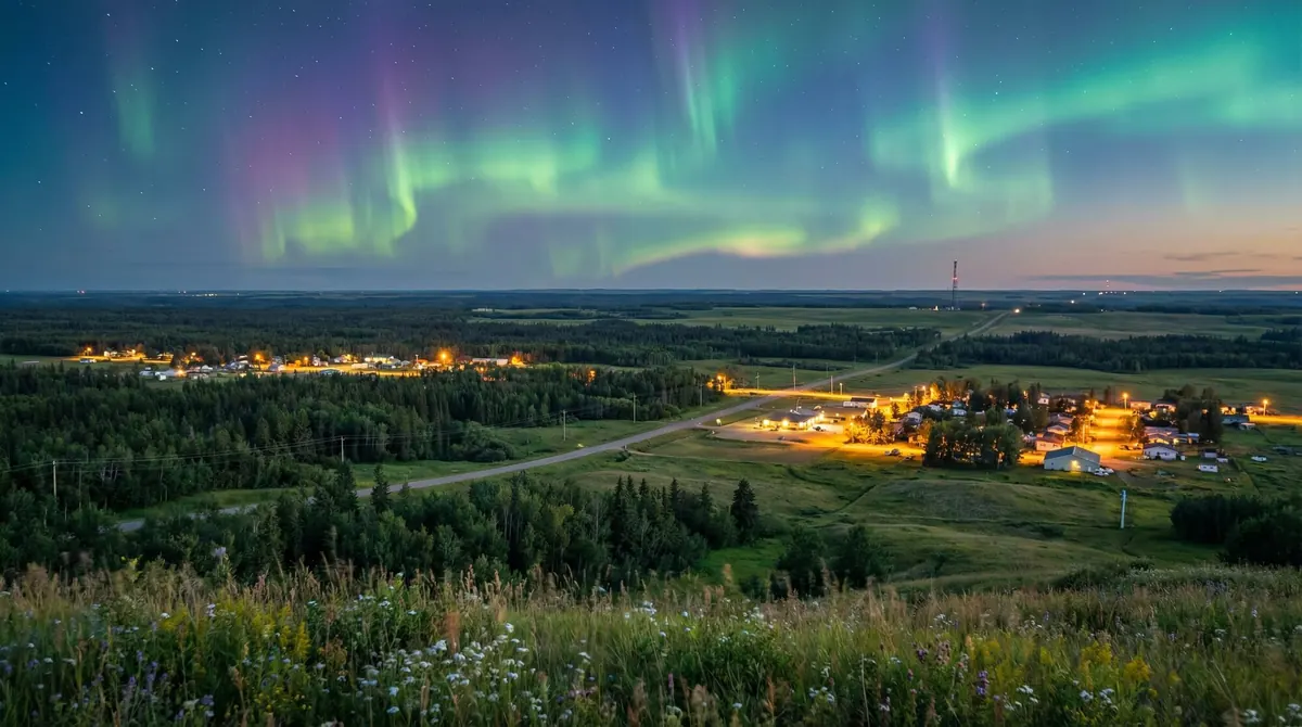 Northern lights over a rural Alberta community at night, with a communications tower on the horizon