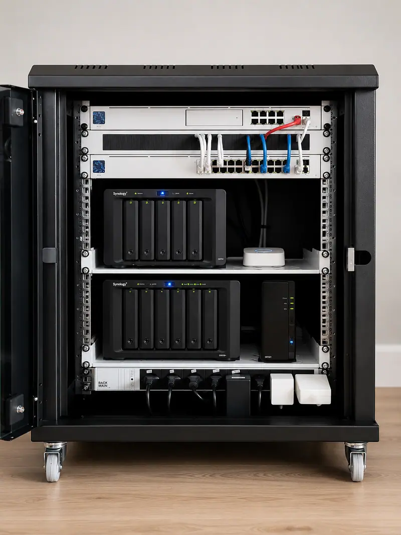 A rack with network storage units used for backup