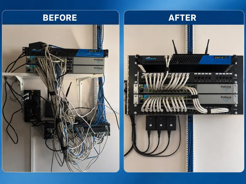 A network cabinet before and after an Arrow cabling cleanup
