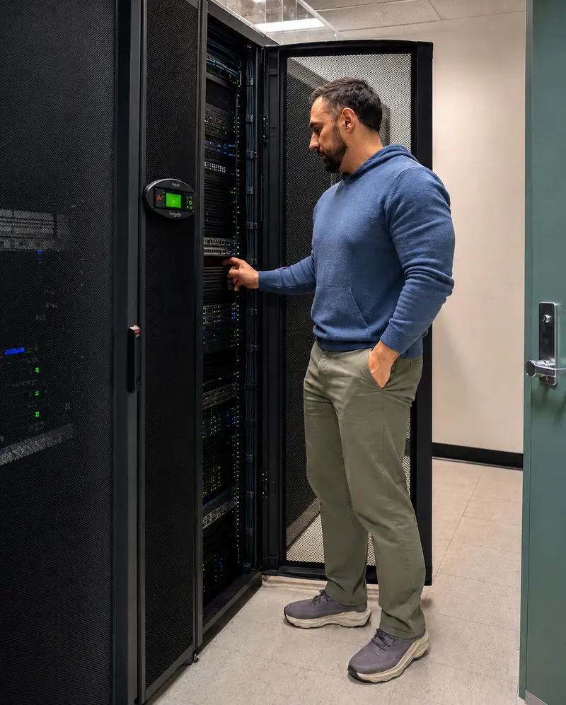 Technician working at a server cabinet