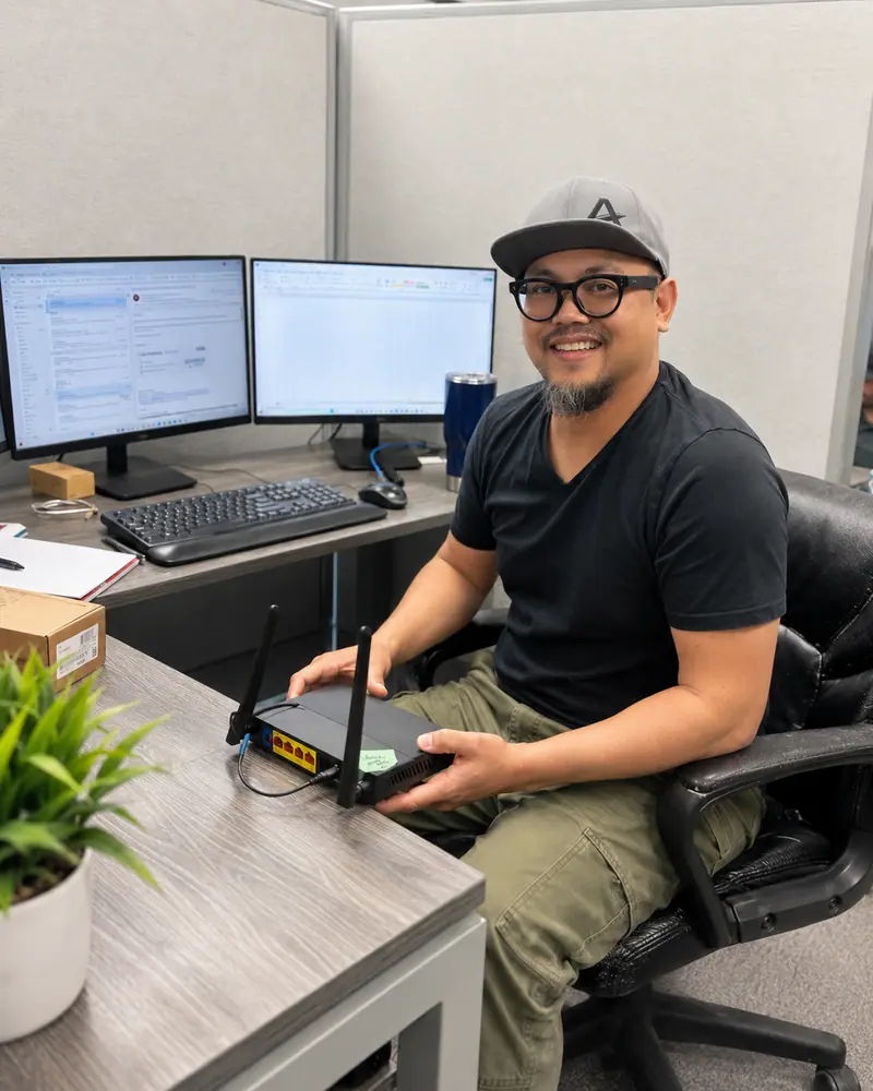 Network support technician at his desk with a router