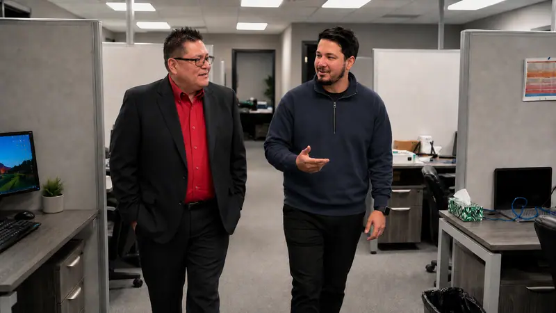 Two Arrow staff talking as they walk through the Edmonton office
