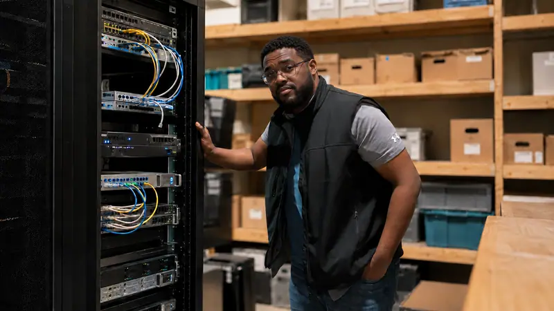 Technician beside a server rack