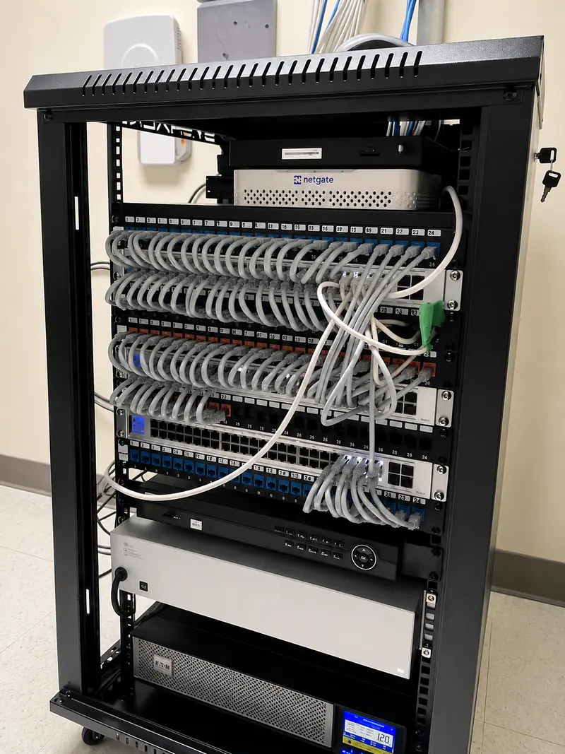 A finished network rack with neatly patched cabling