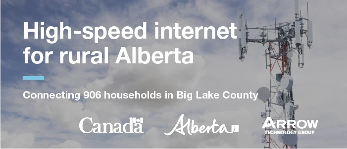 High-speed internet for rural Alberta. Connecting 906 households in Big Lakes County. Government of Canada, Government of Alberta and Arrow Technology Group.
